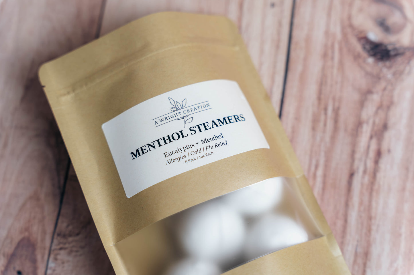 A Wright Creation Menthol Steamers in eco-friendly packaging, infused with eucalyptus and menthol to provide natural relief for allergies, colds, and congestion, ideal for sensitive users seeking holistic self-care.