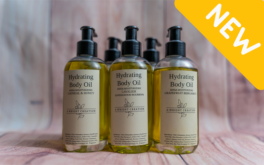 A Wright Creation Hydrating Body Oil lineup in eco-friendly bottles, featuring moisturizing blends like Oatmeal & Honey, Sandalwood Bourbon, and Grapefruit Bergamot, crafted for sensitive skin, eczema, psoriasis, and dry skin relief.