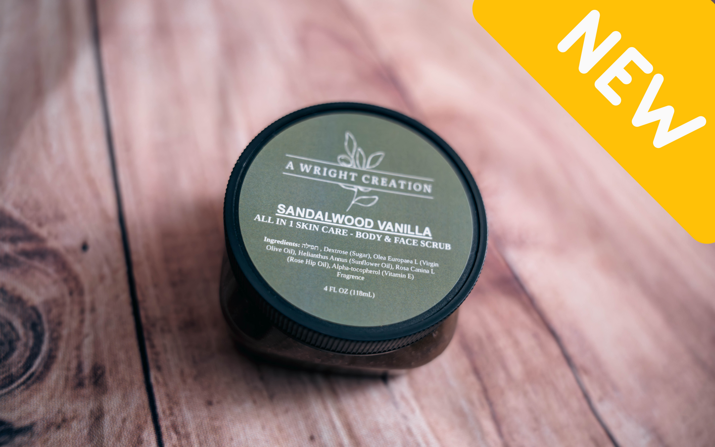 A Wright Creation Sandalwood Vanilla all-in-one body and face scrub in eco-friendly packaging, crafted with natural, gentle ingredients for sensitive skin, including olive oil, sunflower oil, and rosehip oil, ideal for sustainable skincare routines.