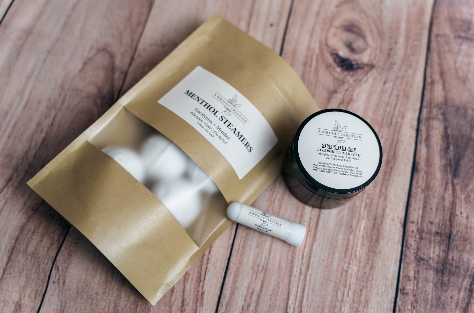 A Wright Creation Sinus Relief Bundle featuring menthol steamers, sinus balm, and a sinus relief stick, crafted with natural ingredients like eucalyptus and menthol to ease allergies, colds, and congestion, ideal for sensitive skin and eco-conscious care.