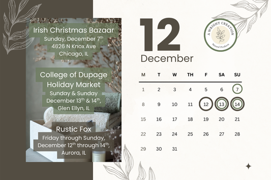 A Wright Creations December 2025 event calendar featuring holiday markets. The 7th, 12th, 13th, and 14th are circled on the calendar.