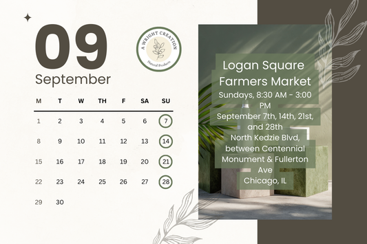 A Wright Creations September 2025 event calendar featuring the Logan Square Farmers Market in Chicago every Sunday (September 7, 14, 21, 28). The calendar highlights Sundays with green circles.