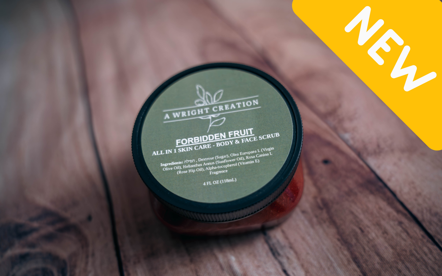A Wright Creation Forbidden Fruit all-in-one body and face scrub in eco-friendly packaging, made with gentle, natural ingredients like olive oil, sunflower oil, and rosehip oil, ideal for sensitive skin and sustainable skincare routines.