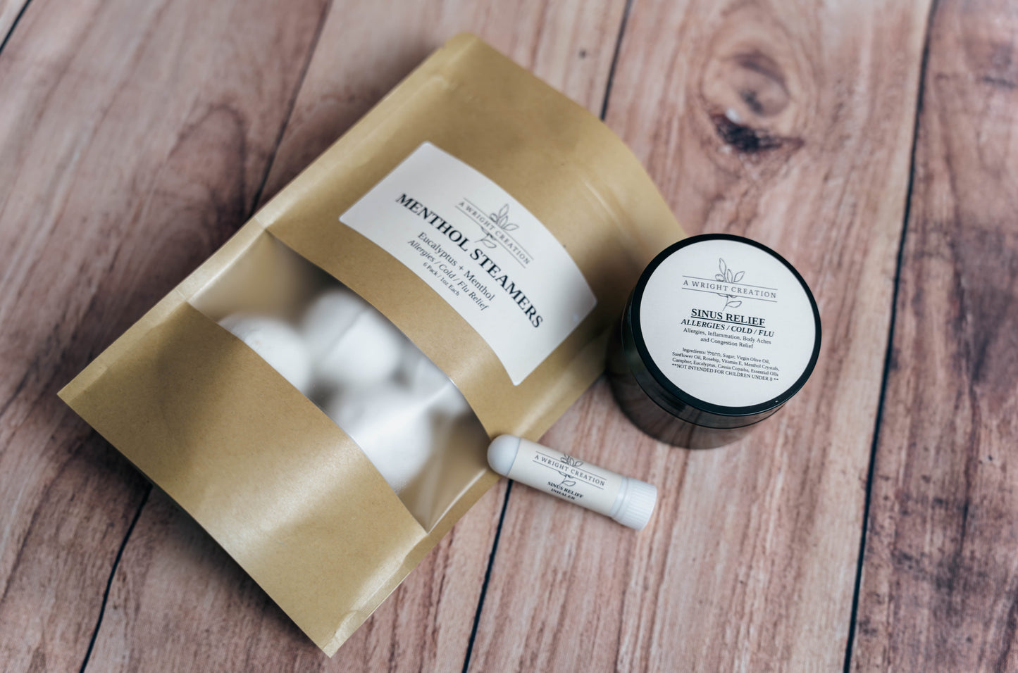 A Wright Creation Sinus Relief Bundle featuring menthol steamers, sinus balm, and a sinus relief stick, crafted with natural ingredients like eucalyptus and menthol to ease allergies, colds, and congestion, ideal for sensitive skin and eco-conscious care.